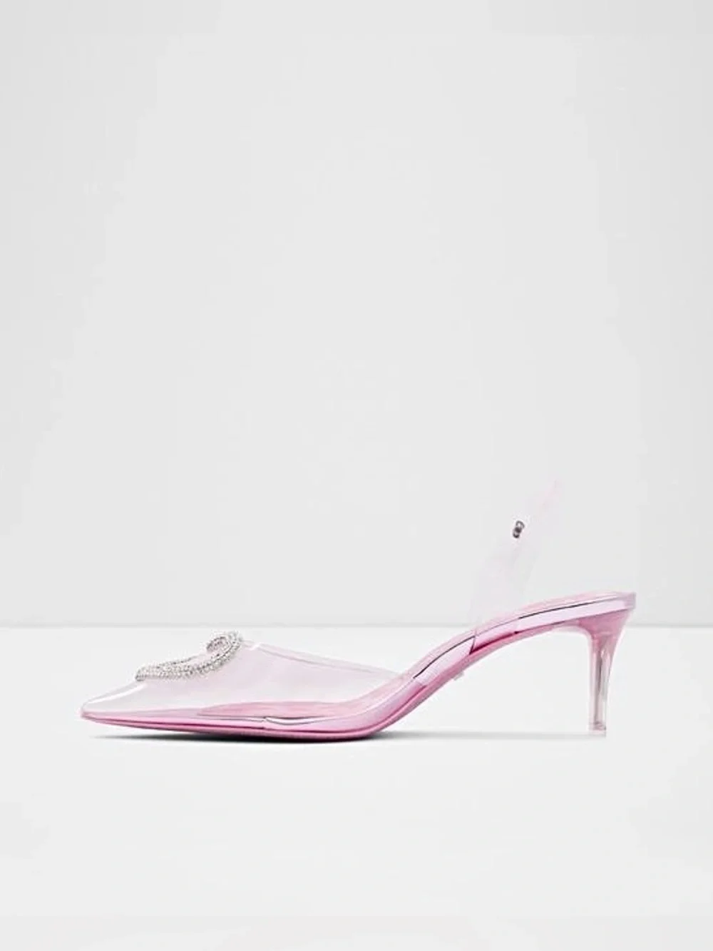 ALDO × Barbie Slingback Heels in Clear Pink with Crystal Heart Gems